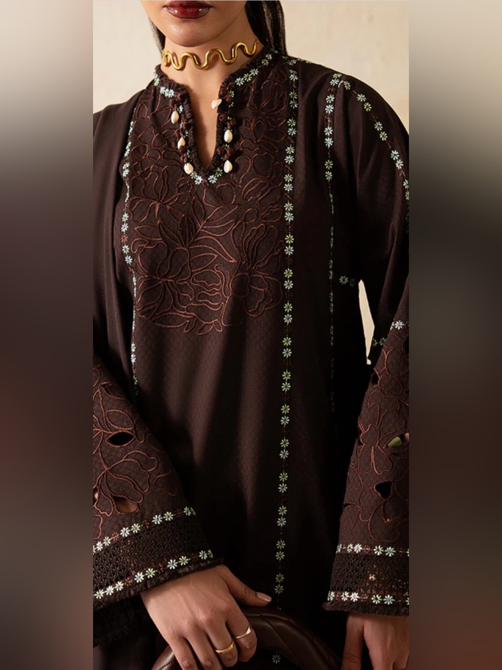 Embroidered Dark Brown Maxi Dress - Women's Long Sleeve - Picture 4 of 6